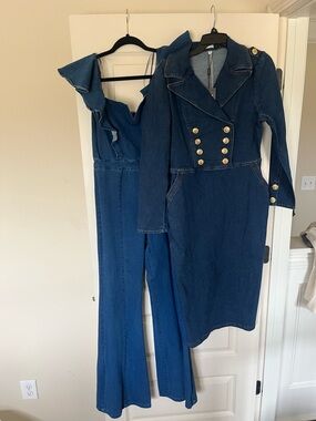 Denim Jumpsuit and Military-Style Denim Dress Set - Dark Blue